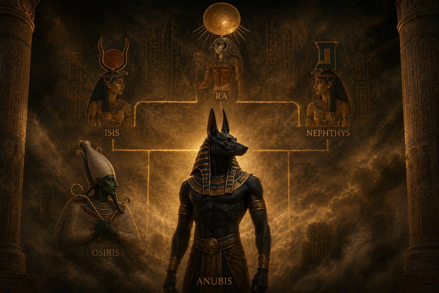 Anubis'in ilahi soy ağacı - Ra, İsis, Nephthys ve Osiris