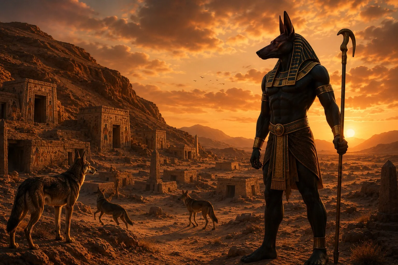 Anubis ve çakallar Mısır nekropolisinde gün batımında