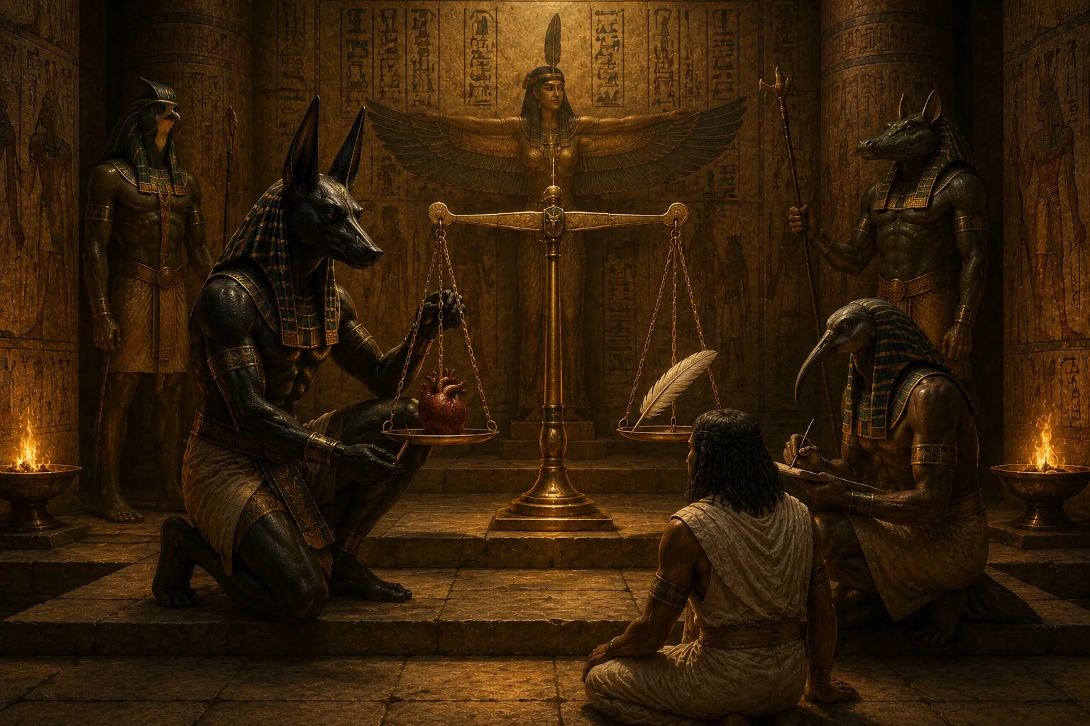 Anubis kalbi Ma'at'ın tüyüyle tarterken Thoth sonucu kaydediyor