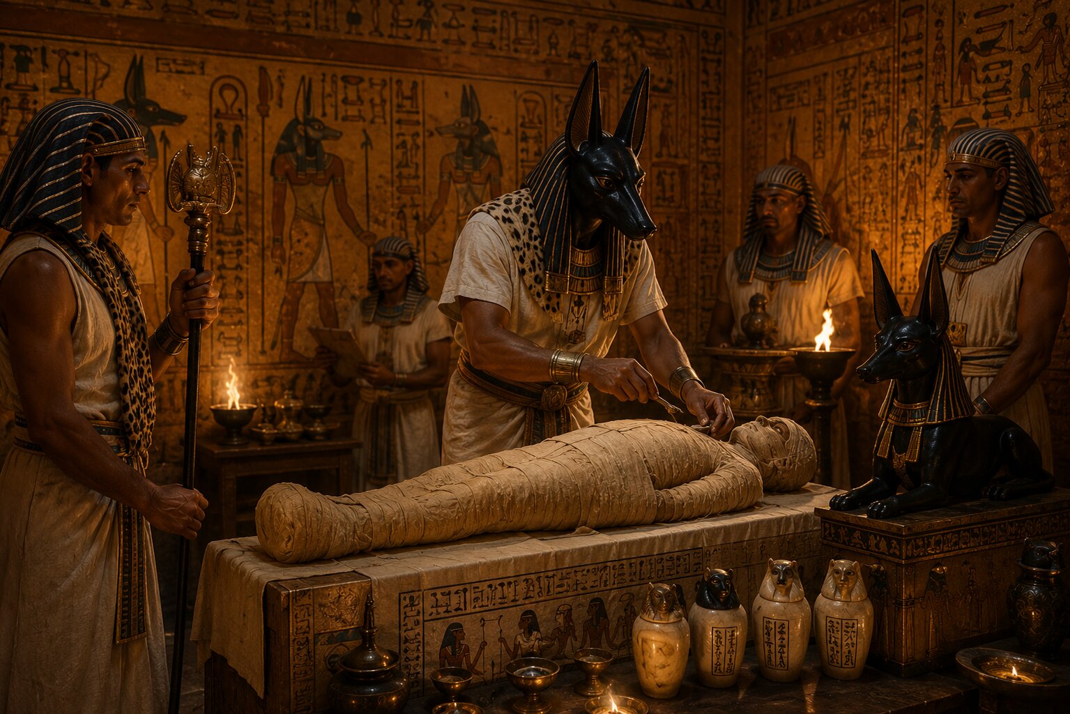 Anubis maskeli rahip mumyalama ritüeli gerçekleştiriyor