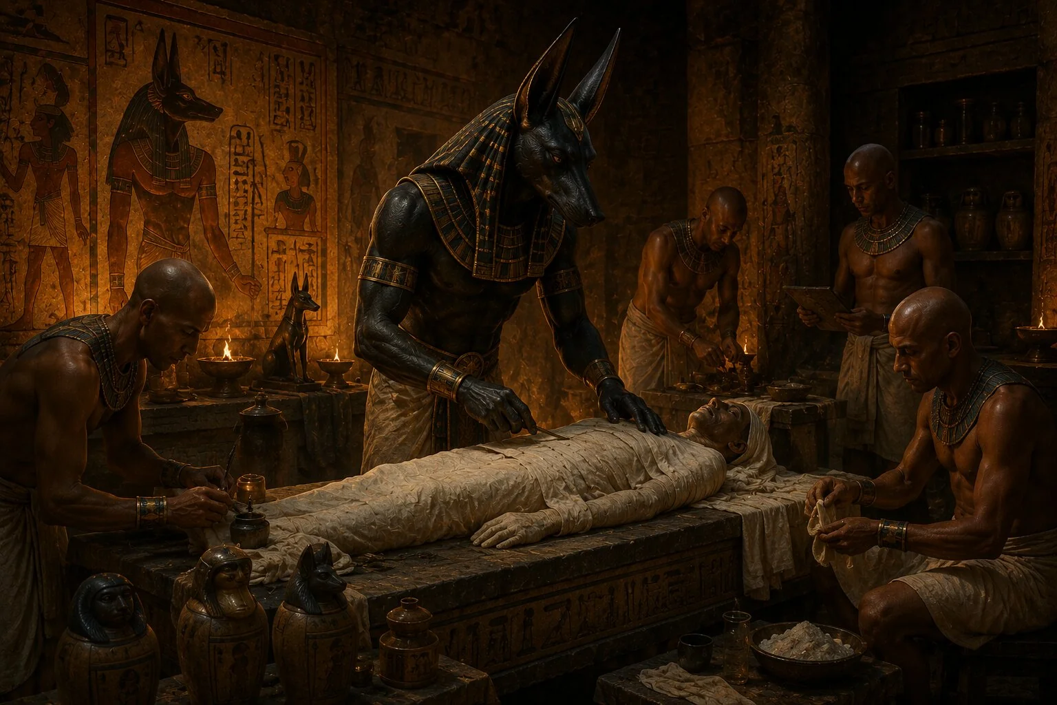 Anubis rahiplerle birlikte mumyalama törenini yönetiyor