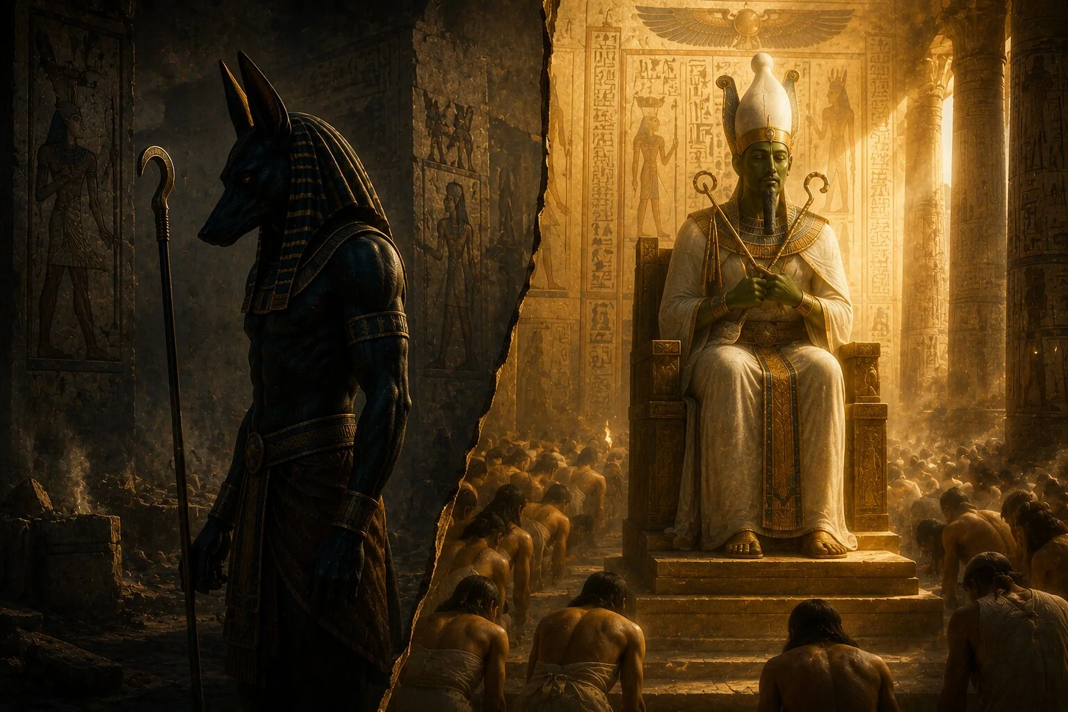 Anubis karanlıkta dururken Osiris tahtında insanlar tarafından yüceltiliyor