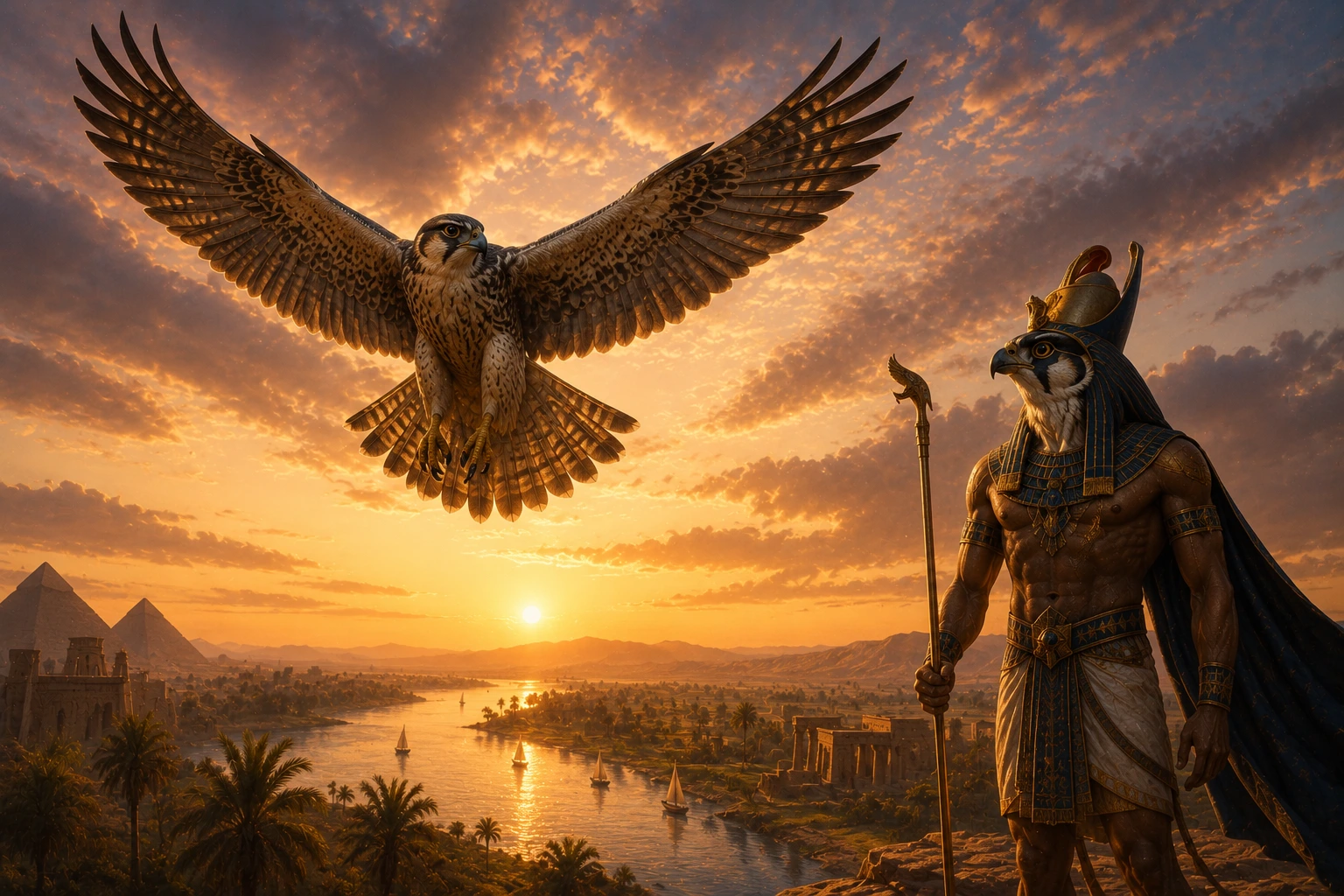 Şahin başlı Horus ve gökyüzünde süzülen şahin - Nil Nehri ve piramitler manzarası