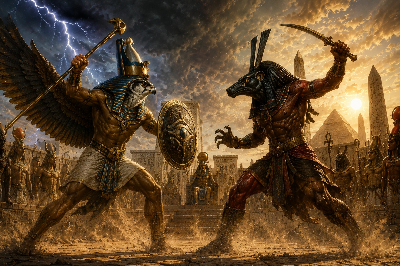 Horus ve Set'in destansı mücadelesi - şahin başlı Horus ile kaos tanrısı Set karşı karşıya