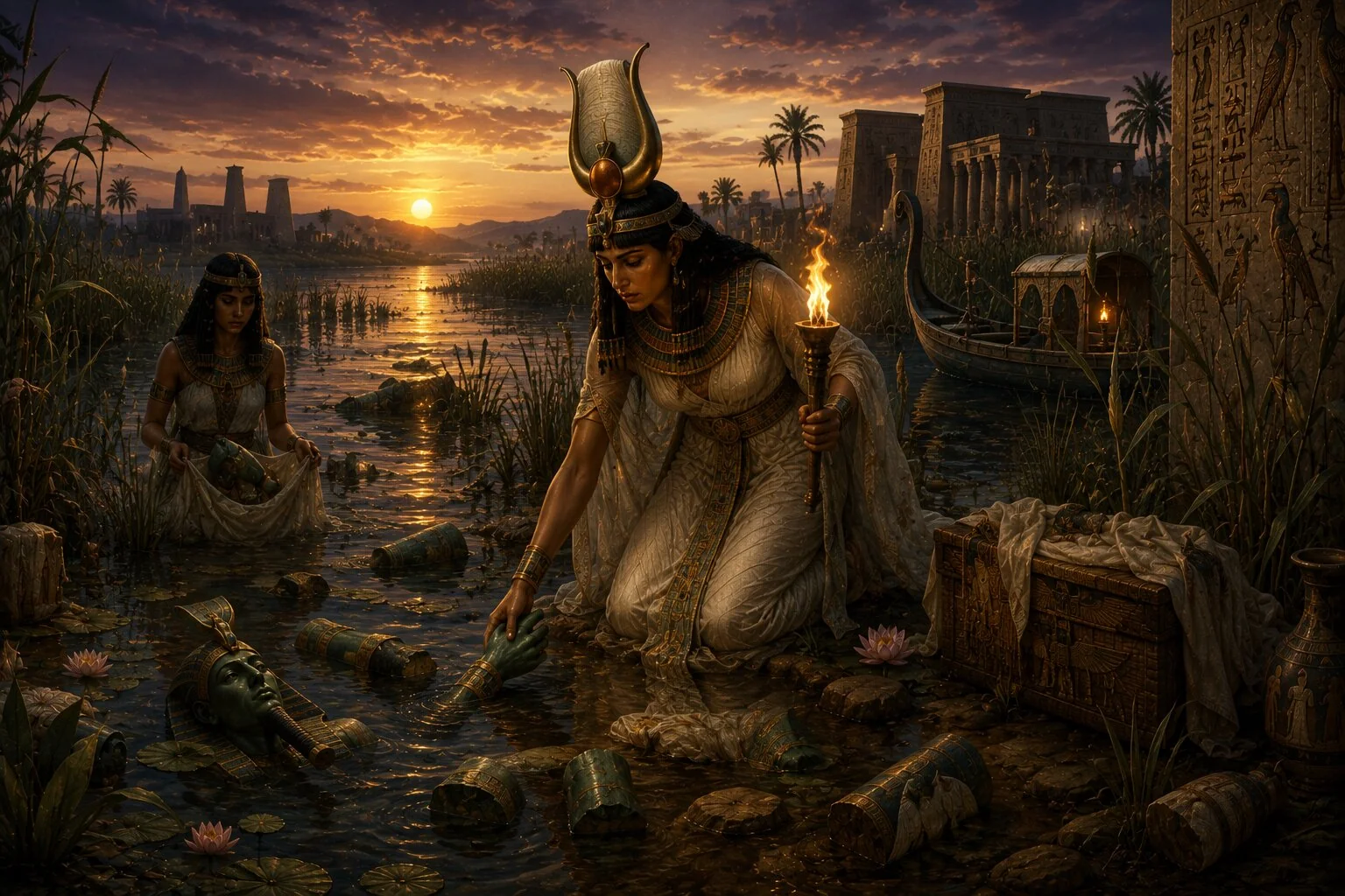 İsis ve Nephthys, Nil kıyısında Osiris'in parçalarını ararken