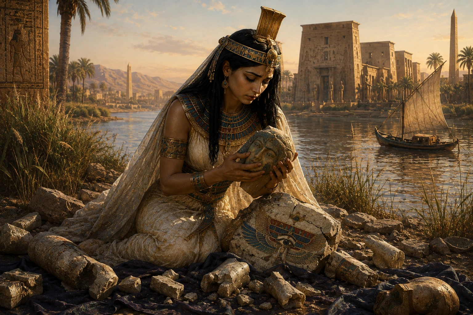 İsis, Osiris'in parçalarını toplarken Nil kıyısında