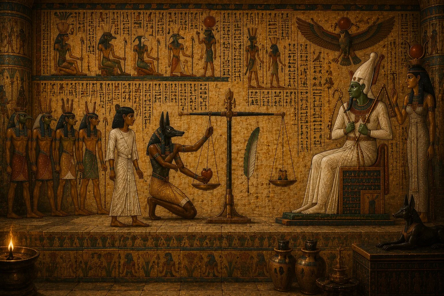 Kalbin Tartılması sahnesi - Anubis ölünün kalbini tartarken Osiris tahtında yargılamayı izliyor