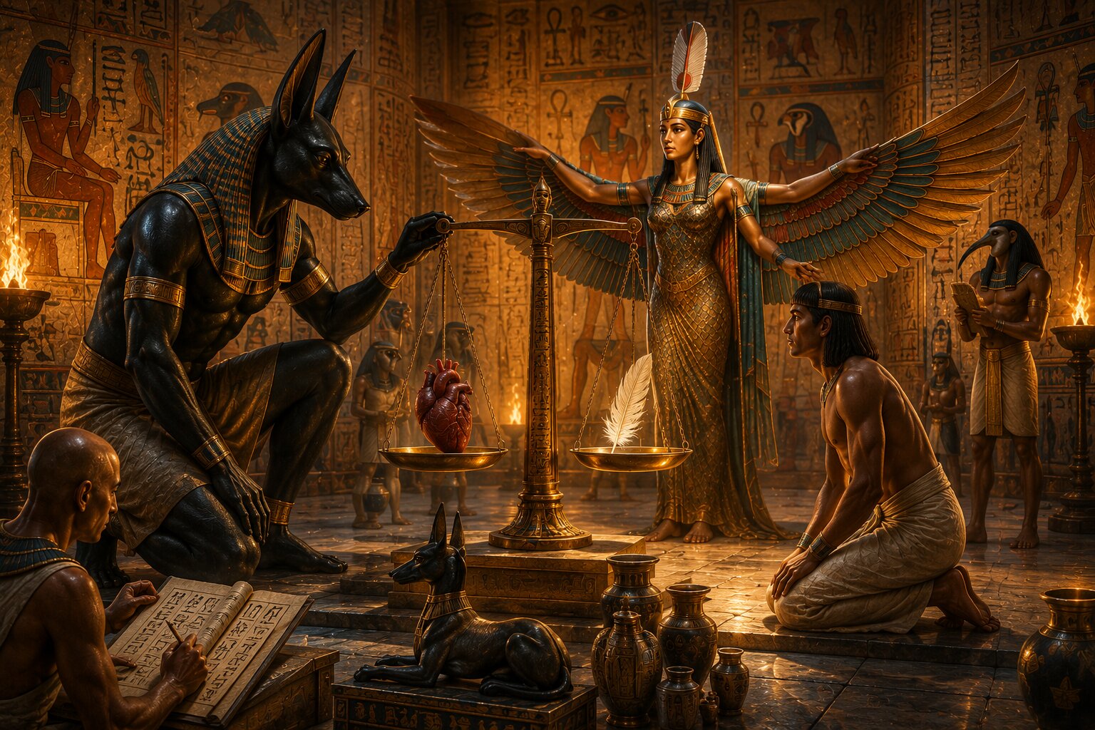 Anubis'in kalbi Ma'at'ın tüyüyle tartması - Ölüler Kitabı sahnesi