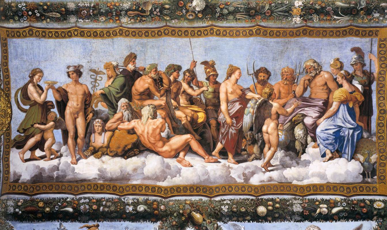 Raphael'in Tanrılar Meclisi freski - Villa Farnesina, Roma (1517-1518). Olimpos tanrılarını bulutların üzerinde bir arada gösteren Rönesans eseri.
