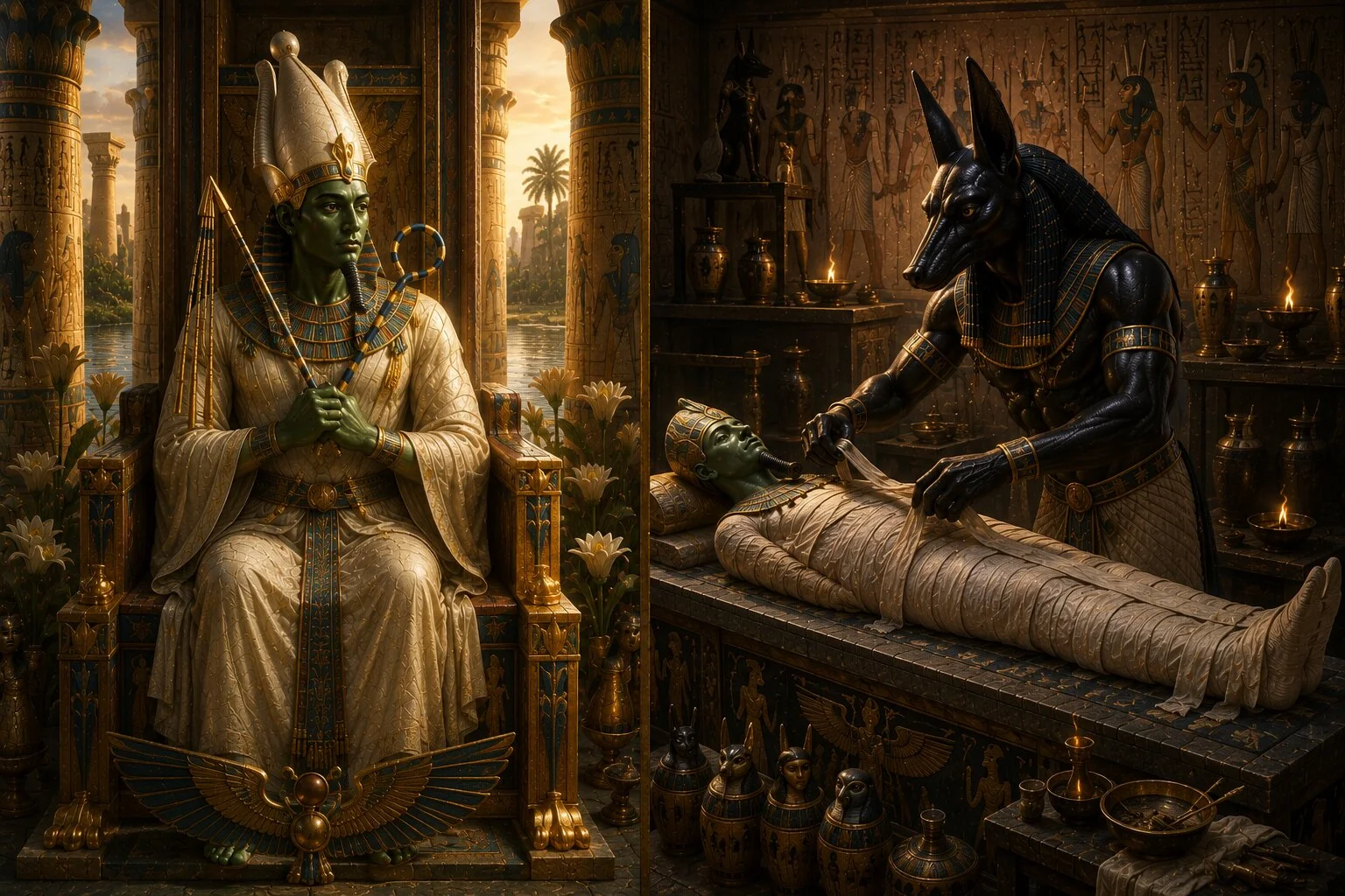 Osiris tahtında otururken Anubis mumyalama ritüeli gerçekleştiriyor