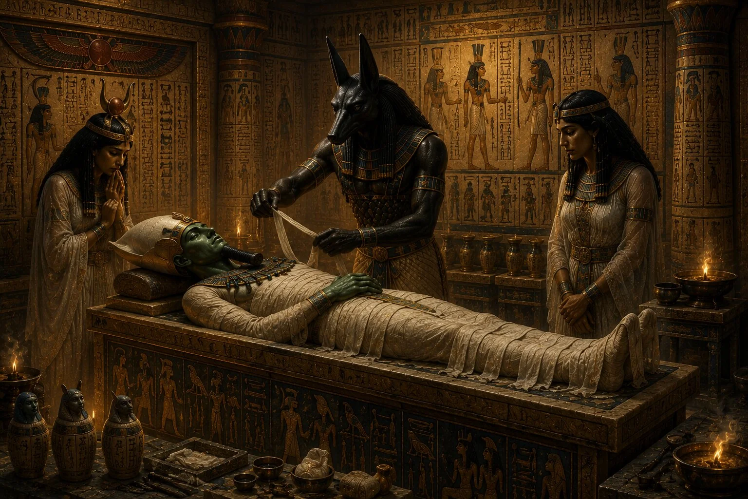 Anubis, Osiris'i mumyalarken İsis ve Nephthys'in yanında beklediği sahne