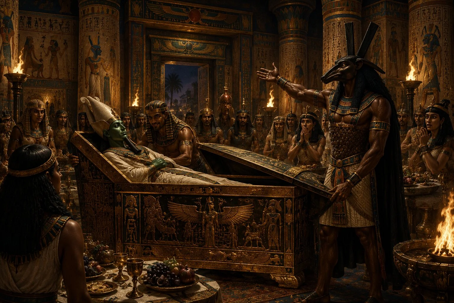 Osiris'in tabutunda yatarken Anubis ve Mısırlıların etrafında toplandığı sahne